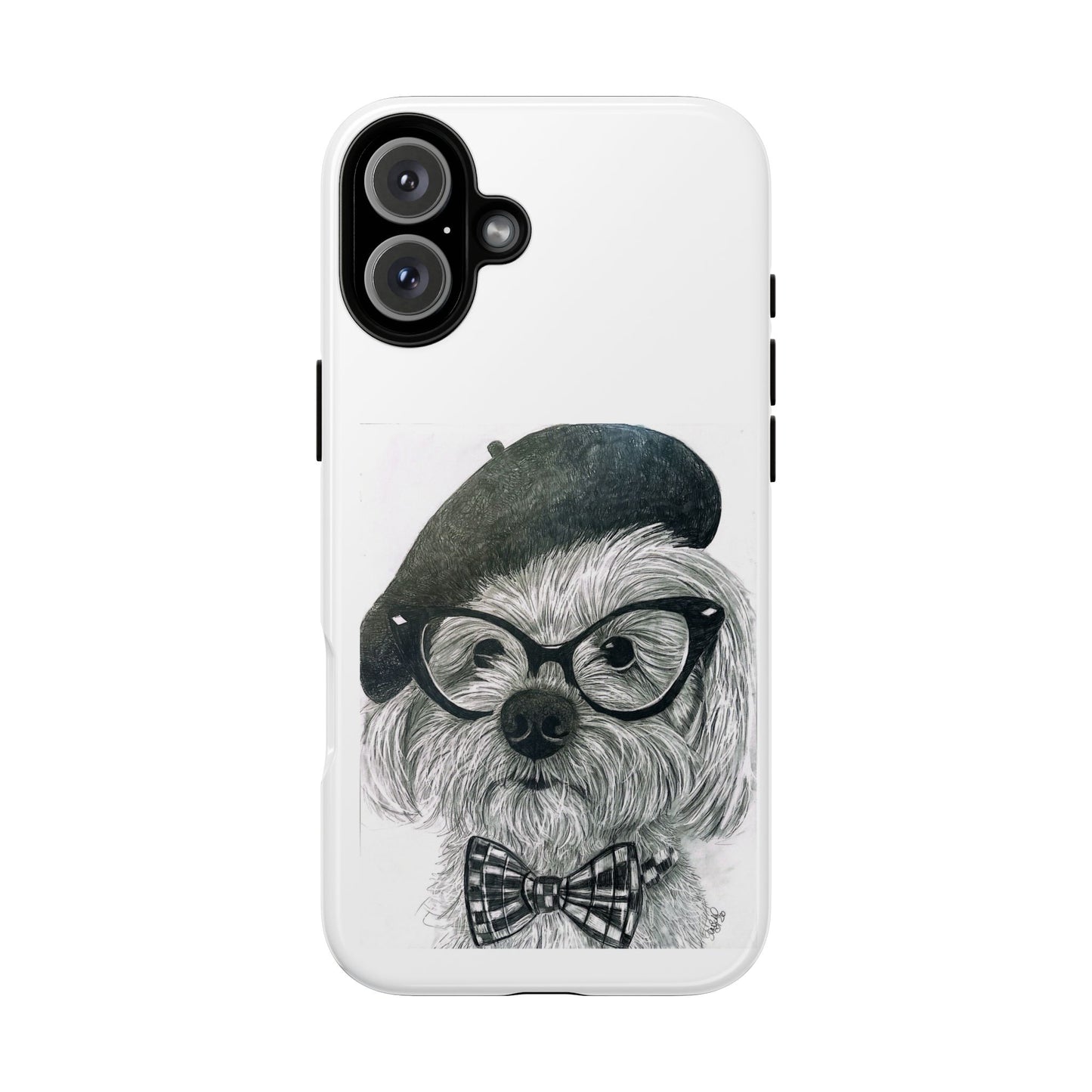 Dog Portrait Phone Case — Dexter with Beret, Glasses & Bow Tie