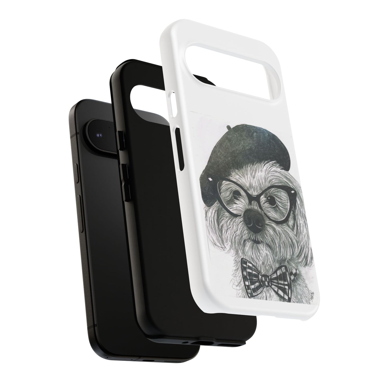 Dog Portrait Phone Case — Dexter with Beret, Glasses & Bow Tie