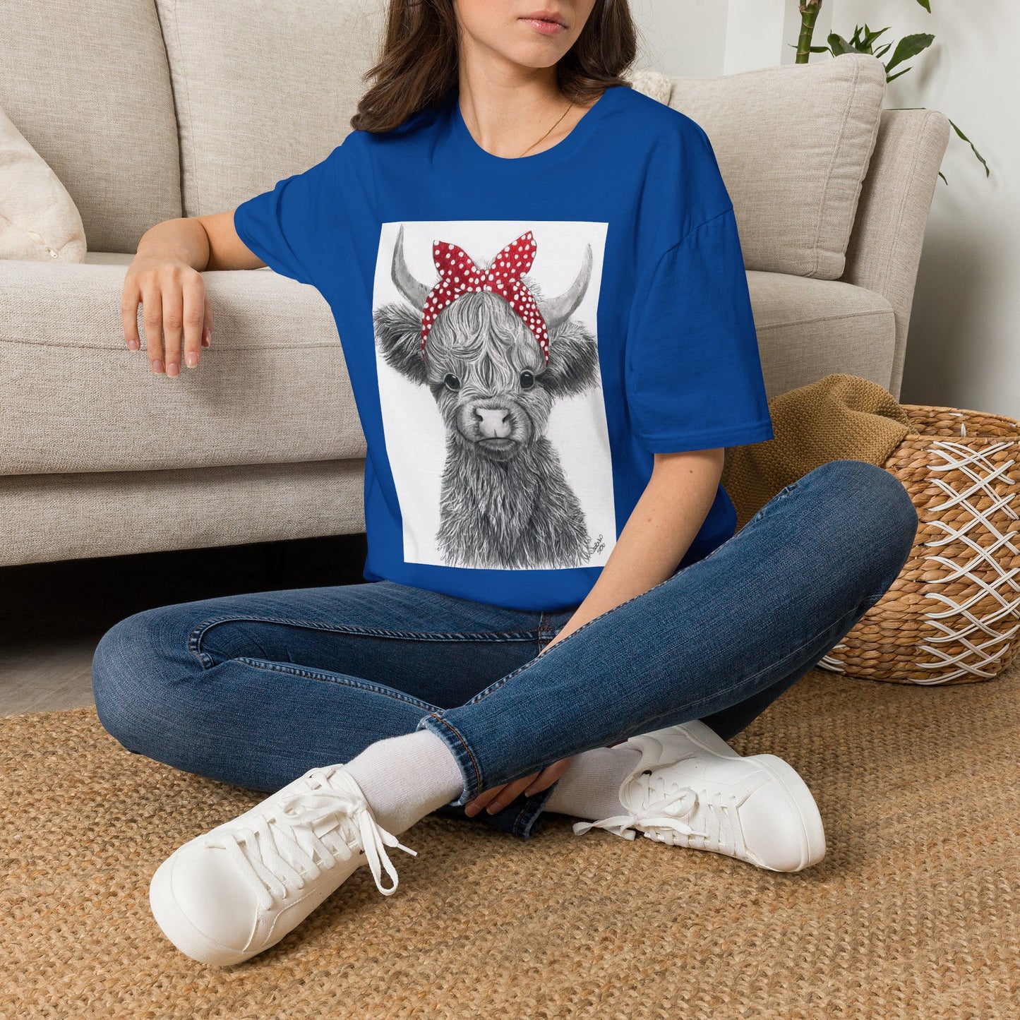 Highland Cow T-Shirt — Cute Cow Face with Red Polka Dot Bandana