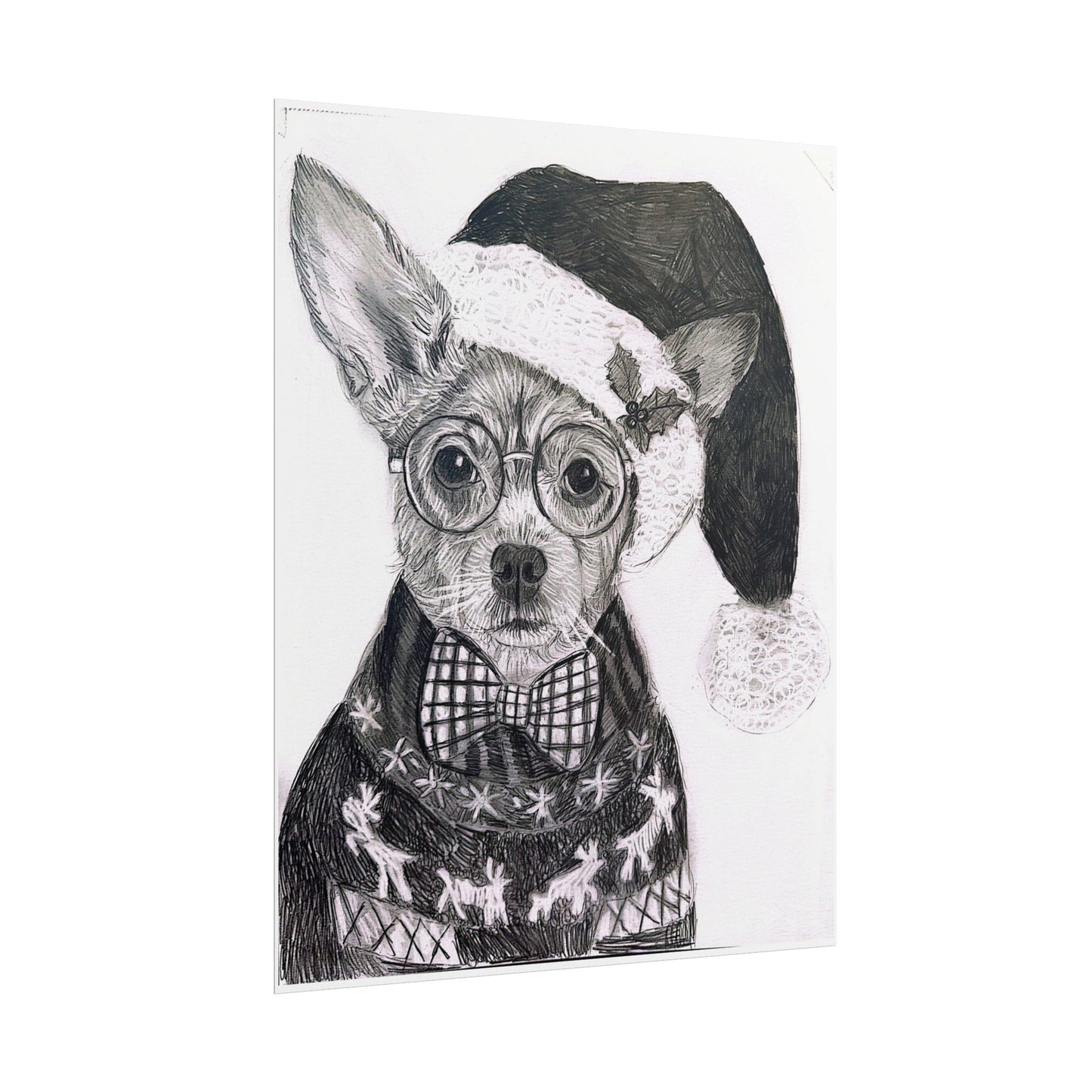 Brutus in Santa Hat Rolled Poster — Holiday Dog Art Print