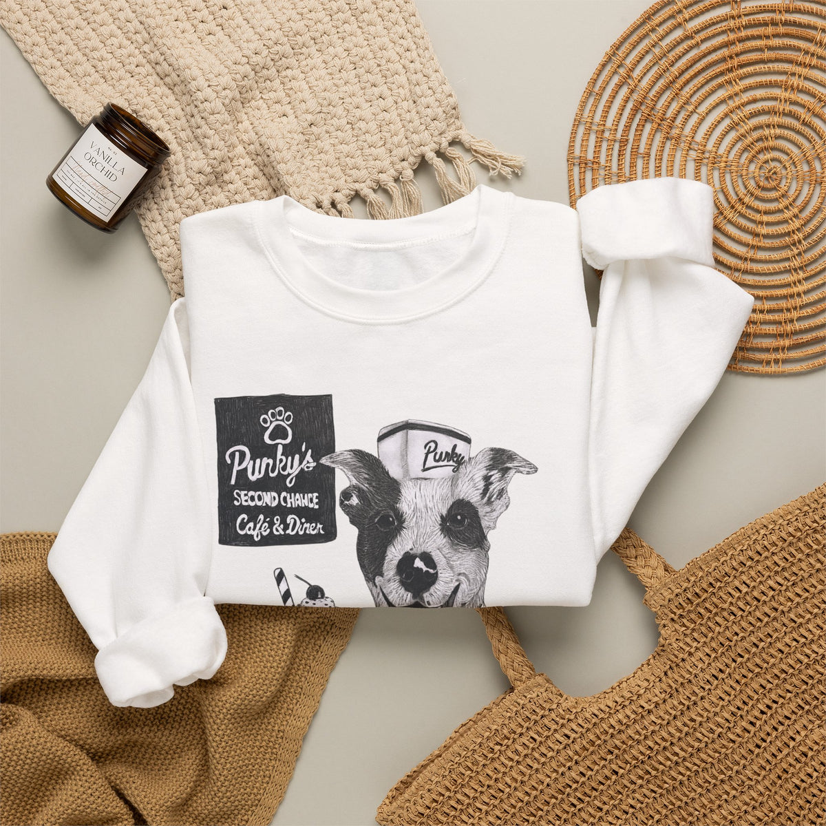 Dog Crewneck Sweatshirt — 'Meet Punky' Rescue Cafe Graphic