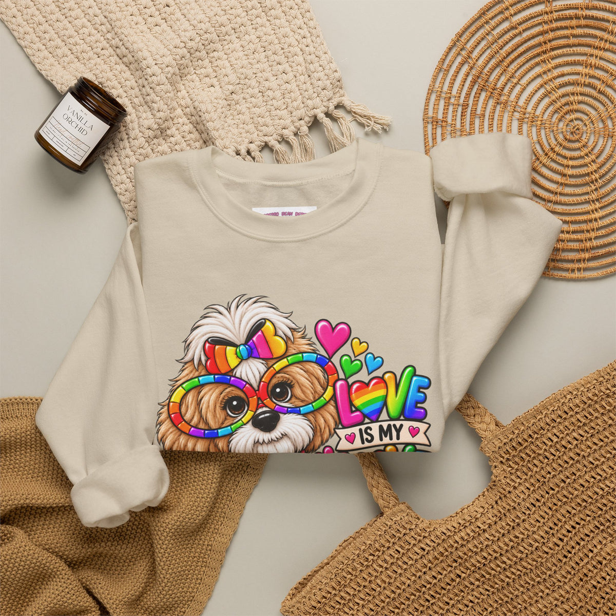 Rainbow Pup Crewneck Sweatshirt — "Love Is My Love Language" Cute Pride Dog Graphic