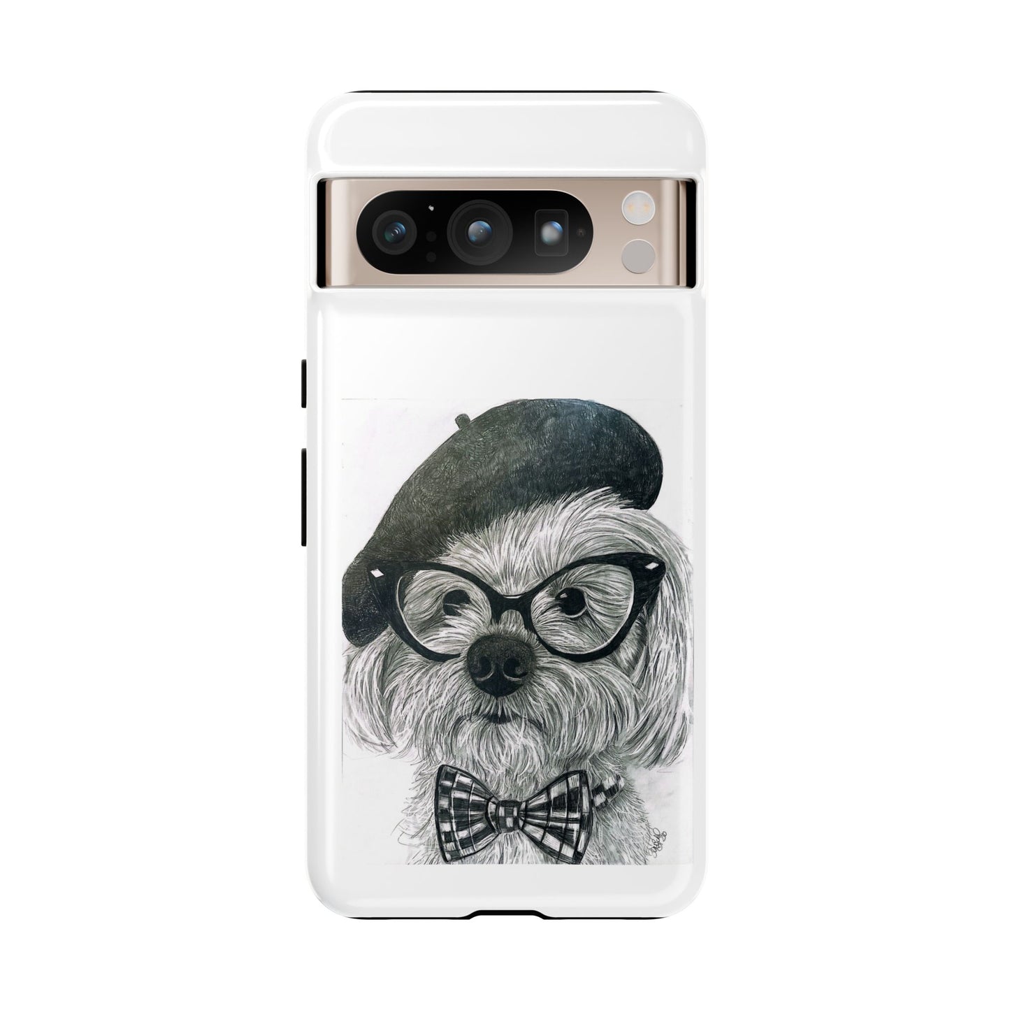 Dog Portrait Phone Case — Dexter with Beret, Glasses & Bow Tie