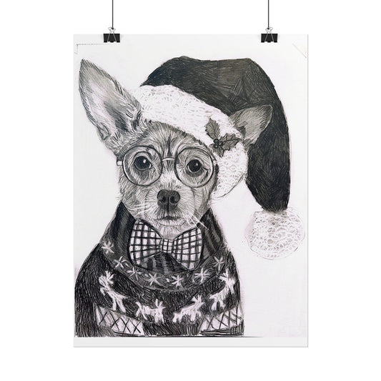 Brutus in Santa Hat Rolled Poster — Holiday Dog Art Print