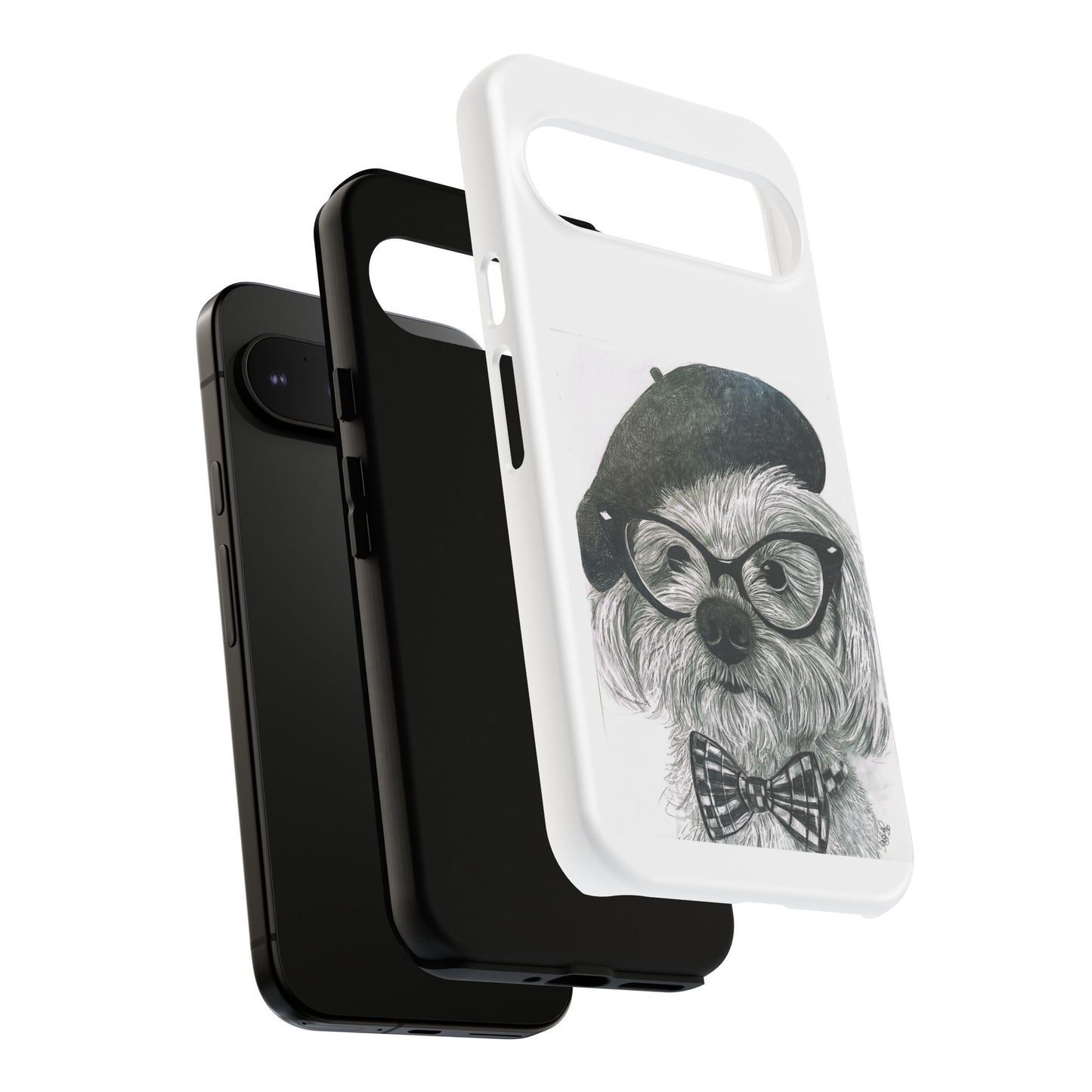 Dog Portrait Phone Case — Dexter with Beret, Glasses & Bow Tie