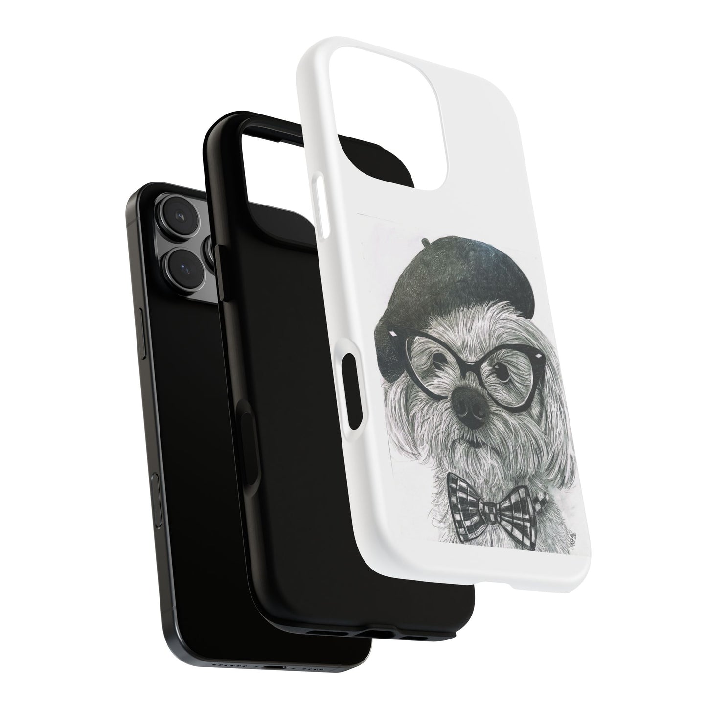 Dog Portrait Phone Case — Dexter with Beret, Glasses & Bow Tie
