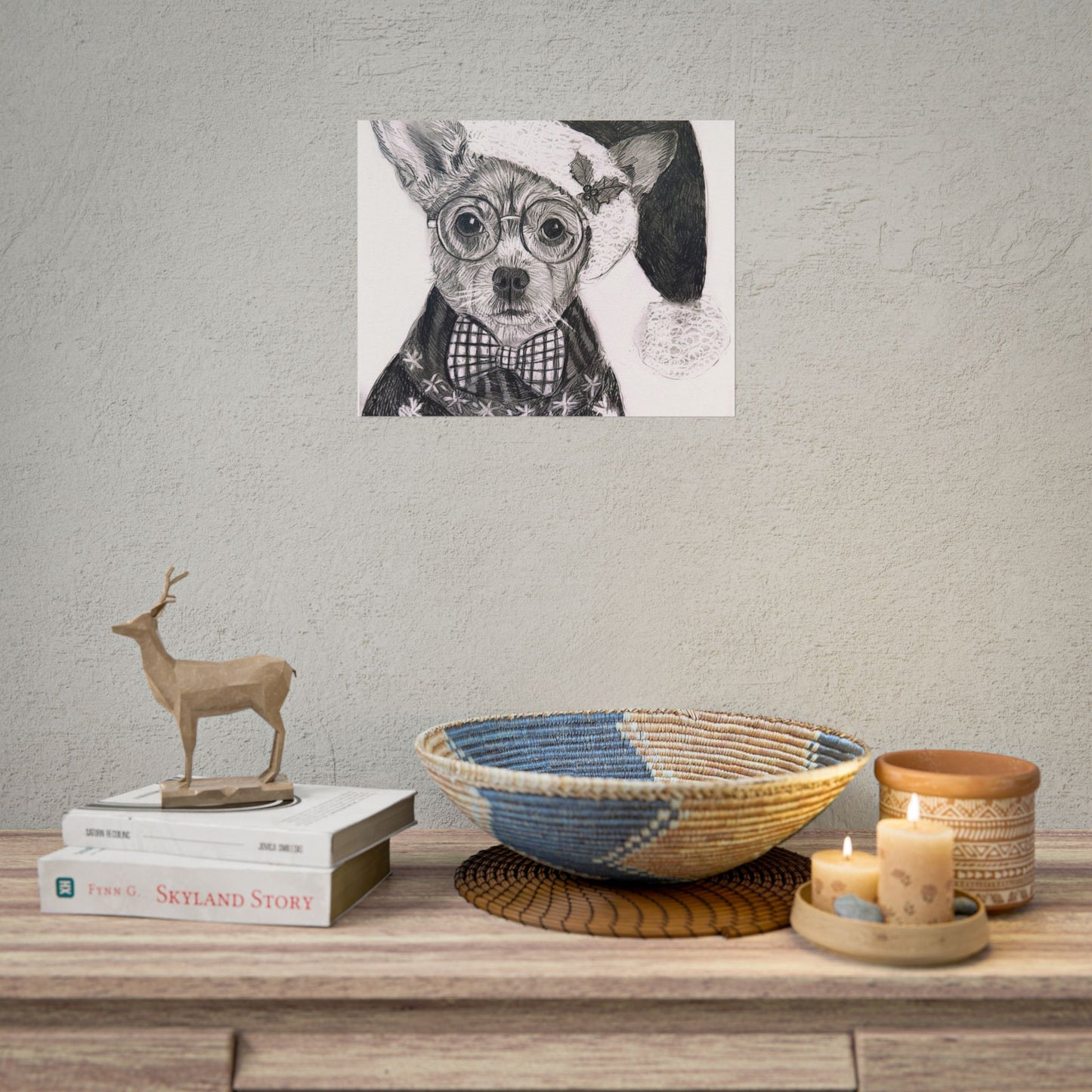Brutus in Santa Hat Rolled Poster — Holiday Dog Art Print