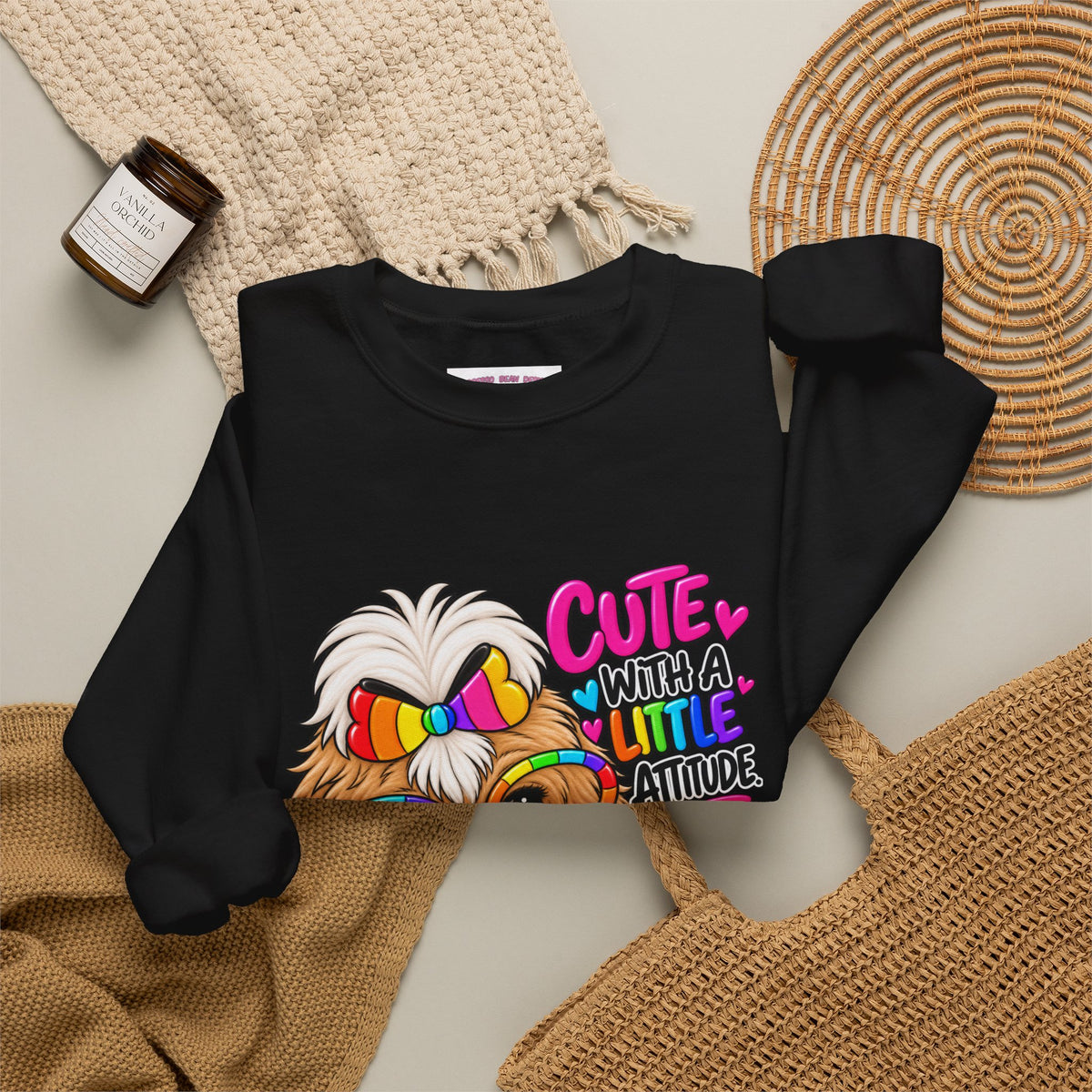 Cute Dog Crewneck Sweatshirt — "Cute With A Little Attitude" Colorful Puppy Design