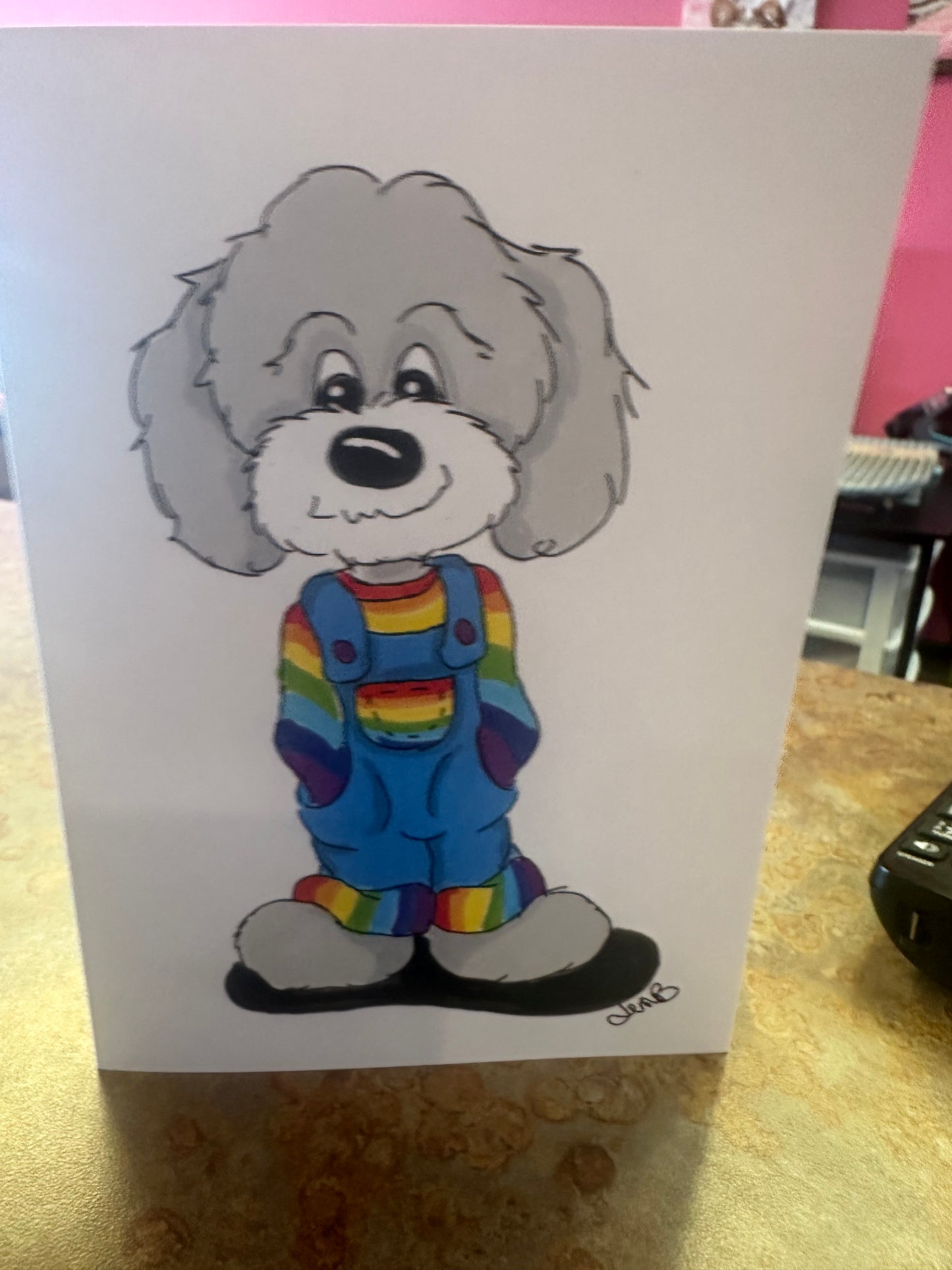 Grey poodle rainbow overalls