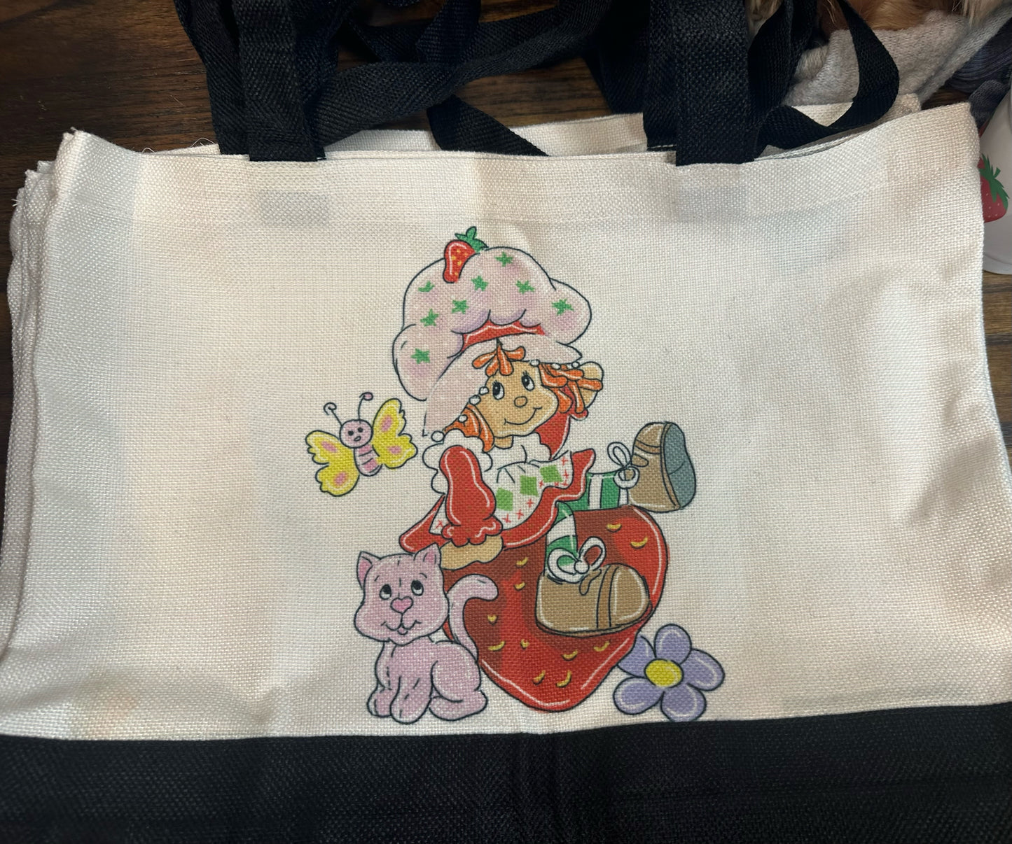 Strawberry shortcake on a strawberry canvas bag